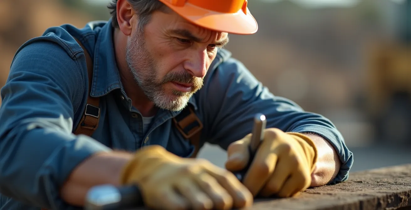 Homme assemblant une structure de piscine métallique avec outils