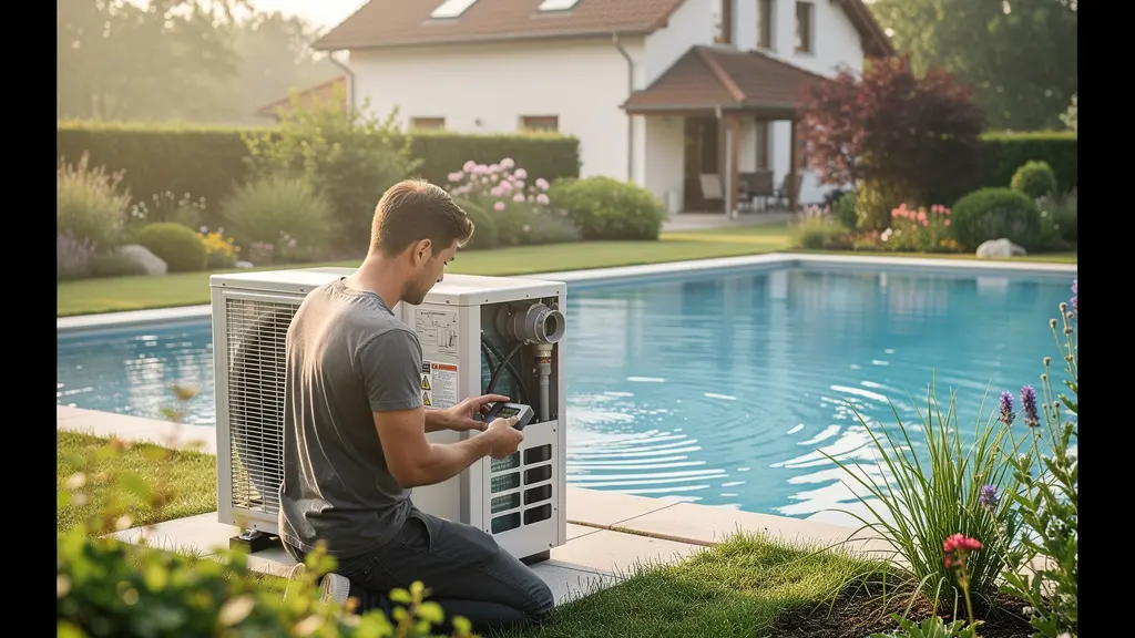 Pompe à chaleur piscine installée près d'un bassin résidentiel avec jardin verdoyant