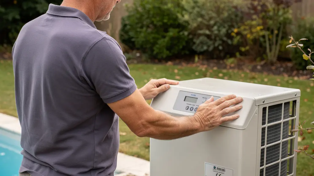 Propriétaire inspectant sa pompe à chaleur piscine dans son jardin