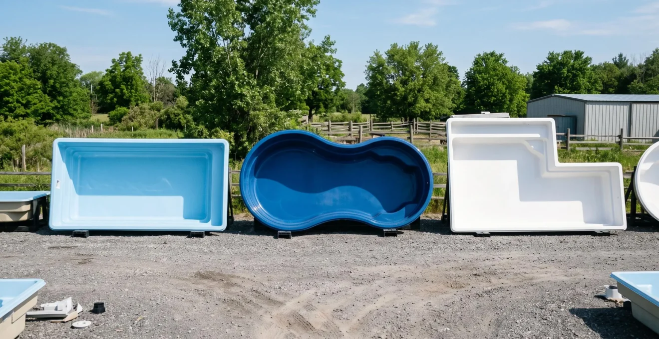 Plusieurs coques de piscine polyester de formes et de coloris différents, rectangulaire, arrondie et en L, alignées en extérieur sur un terrain de stockage.
