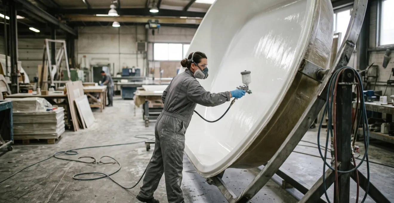 Un ouvrier applique du gel-coat au pistolet sur la surface intérieure d'une coque de piscine polyester dans un atelier de fabrication.