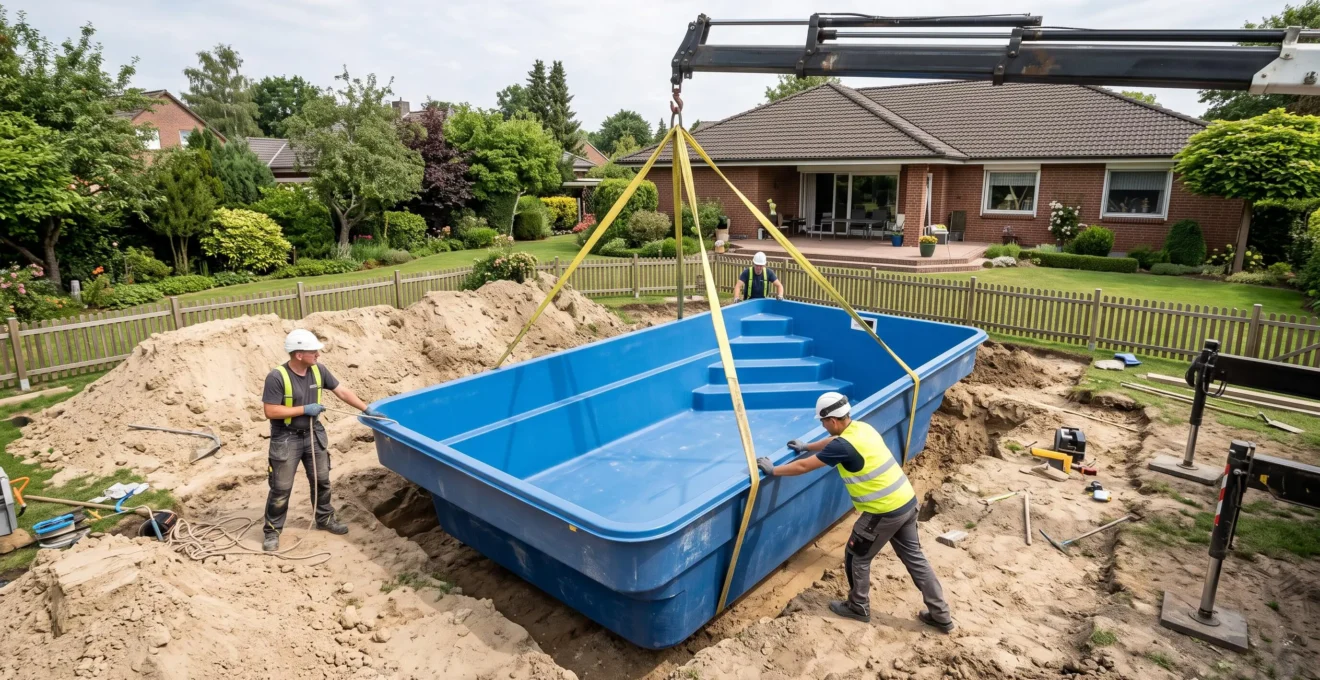 Une grue abaisse une coque de piscine polyester bleue dans une fouille creusée dans un jardin, tandis que deux ouvriers guident la mise en place.