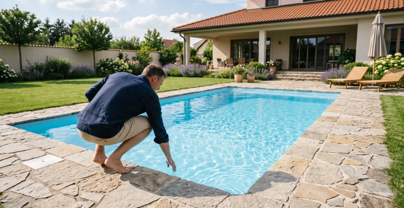 Une piscine en coque polyester rectangulaire à l'eau bleue claire installée dans un jardin résidentiel, avec un propriétaire vérifiant la surface de l'eau depuis la margelle.