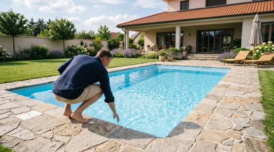 Une piscine en coque polyester rectangulaire à l'eau bleue claire installée dans un jardin résidentiel, avec un propriétaire vérifiant la surface de l'eau depuis la margelle.