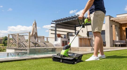 Une personne brosse les brins de son gazon synthétique dans un jardin résidentiel.