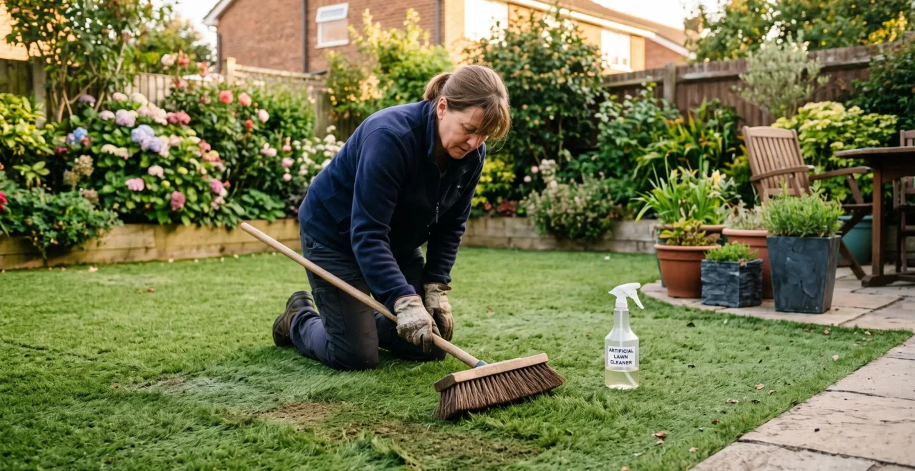Une personne brosse les brins de son gazon synthétique dans un jardin résidentiel.