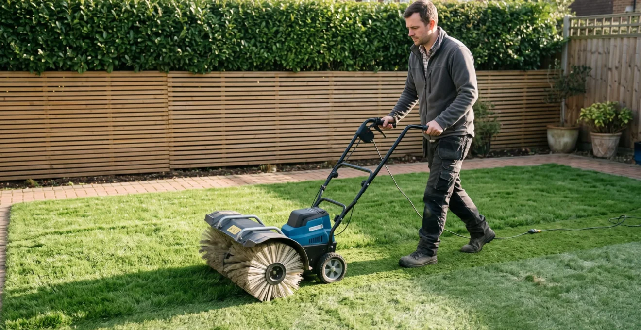Un homme passe une brosse rotative électrique sur un gazon synthétique partiellement redressé.