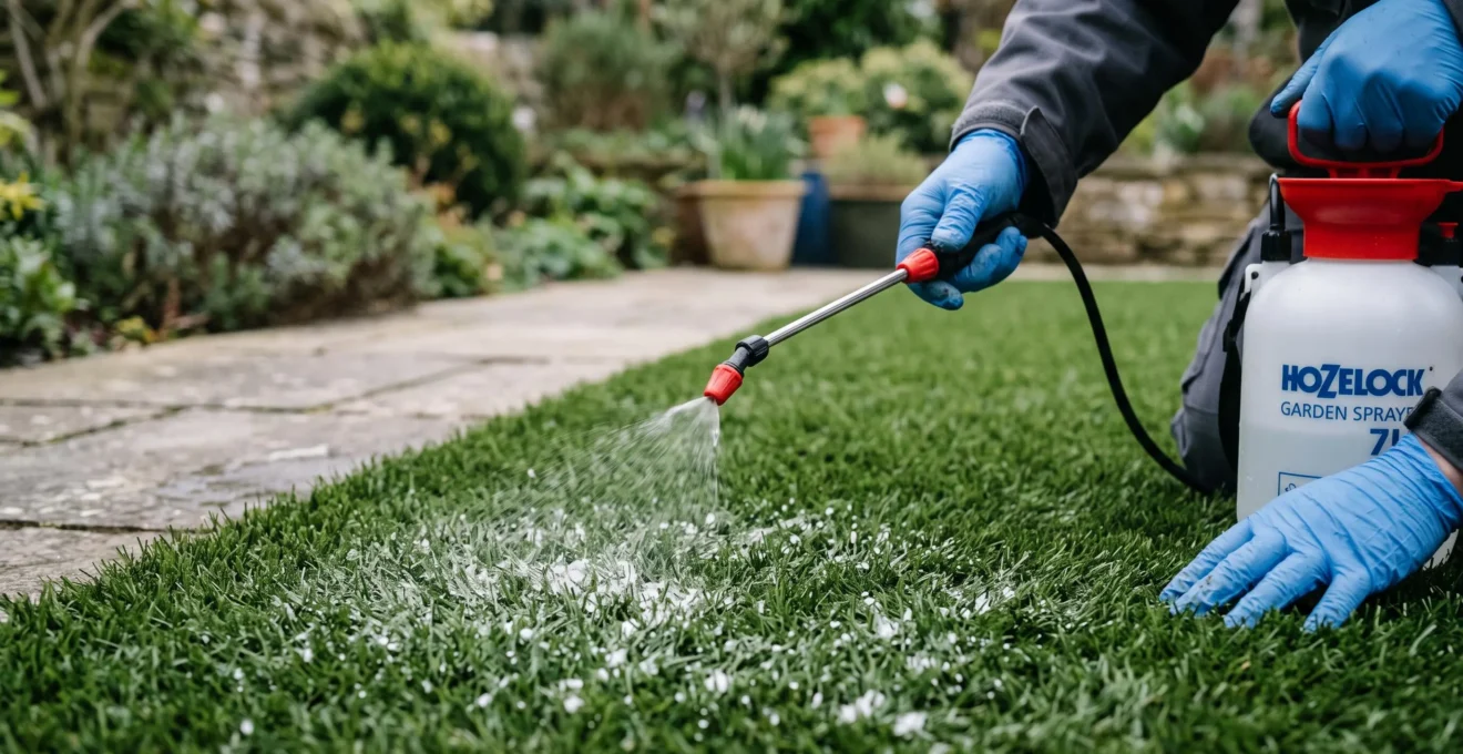 Des mains gantées pulvérisent une solution douce sur les fibres du gazon artificiel.